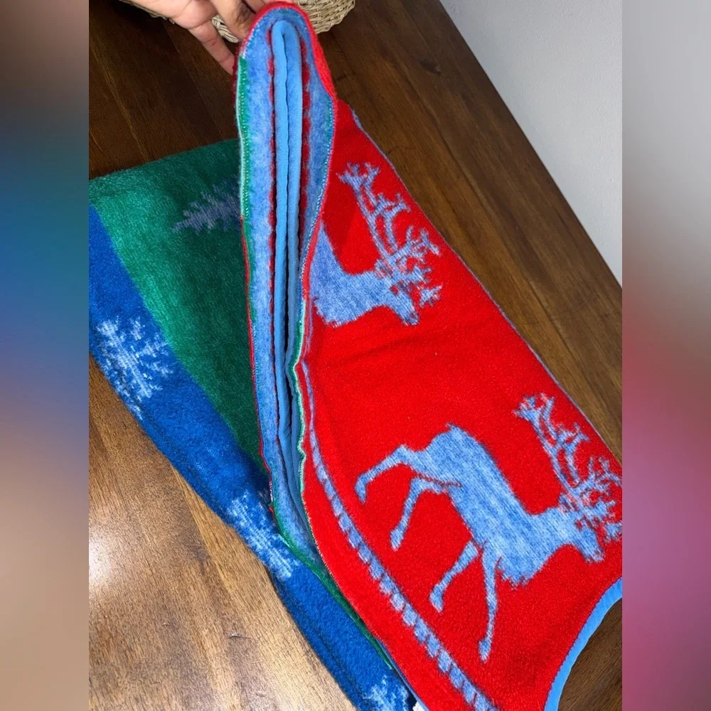 Vtg Biederlack Christmas Throw Tree Reindeer Reversible Blanket 58x68
